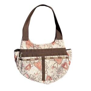 LeSportsac Hobo Shoulder Bag Womens Beige Tan Heart Print Brown Trim Zip